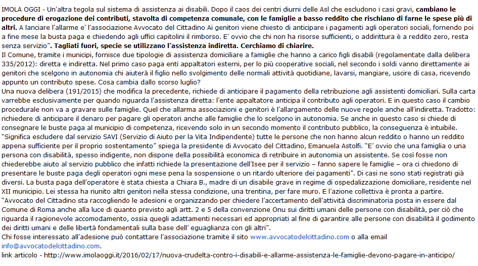 disabili servizio savi discriminazione avvocato per il cittadino astolfi imola oggi